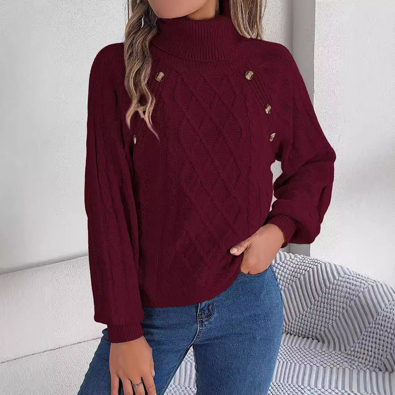 Pull à Col Montant en Tricot à Câble avec Manches Bouffantes