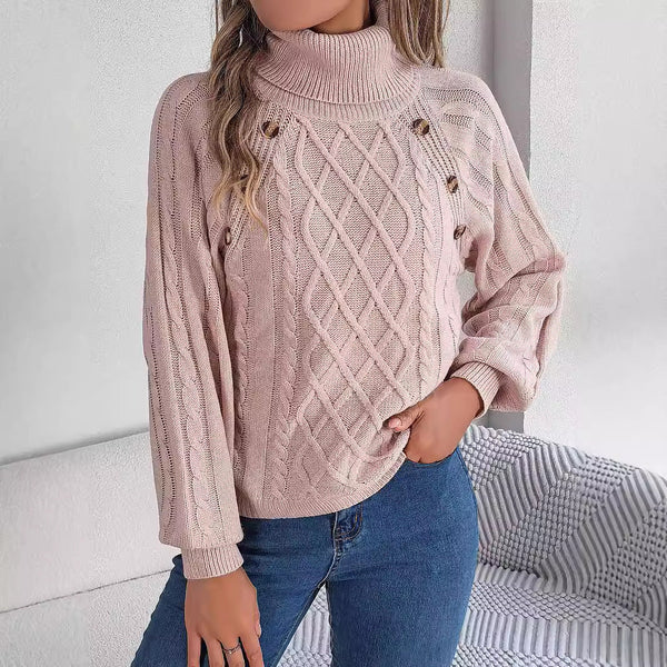 Pull à Col Montant en Tricot à Câble avec Manches Bouffantes
