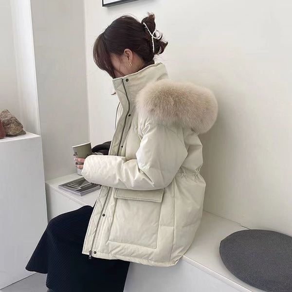 Manteau Épais Ajusté à Capuche avec Grande Fourrure