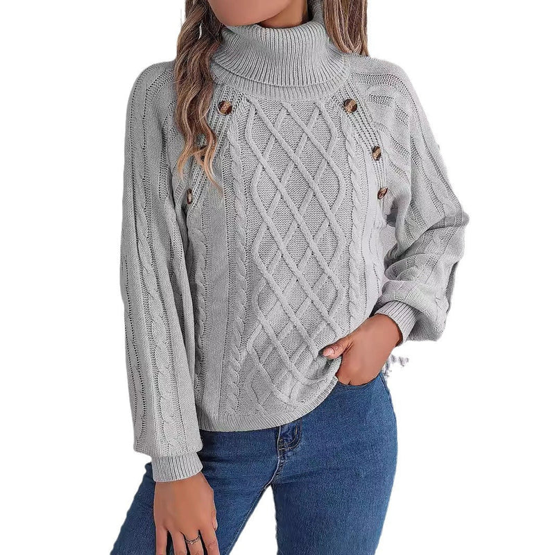 Pull à Col Montant en Tricot à Câble avec Manches Bouffantes