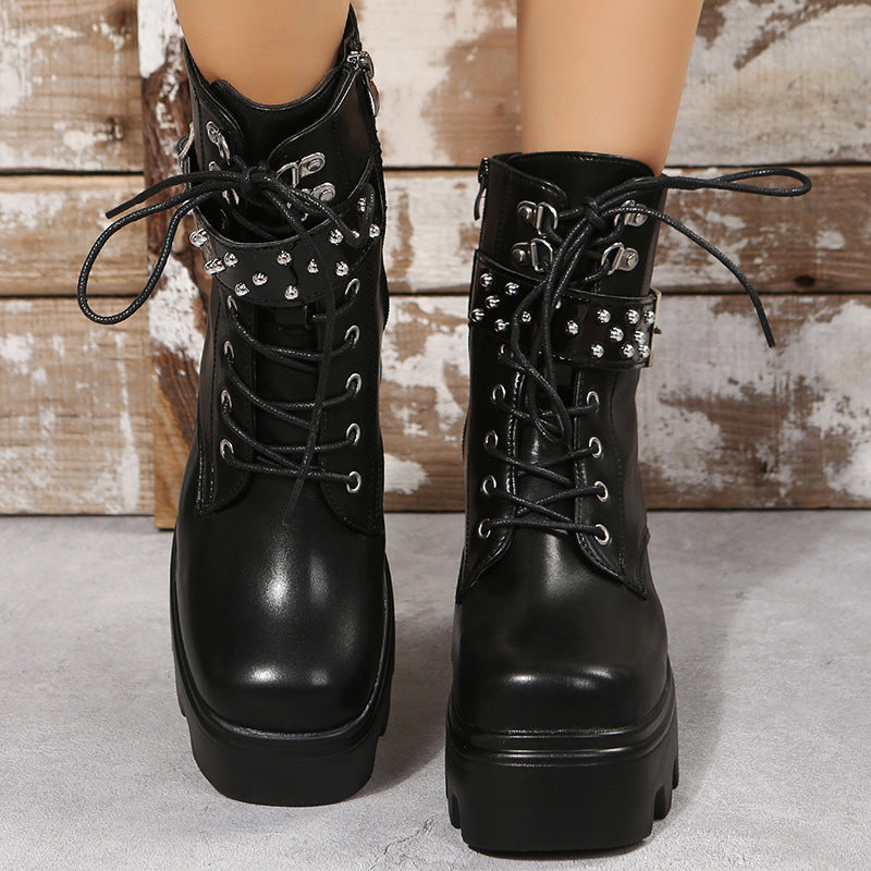 Bottes en Cuir à Talon Moyen avec Plateforme