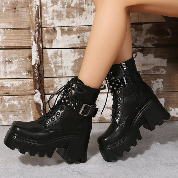 Bottes en Cuir à Talon Moyen avec Plateforme