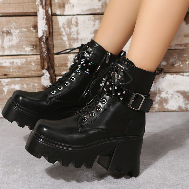 Bottes en Cuir à Talon Moyen avec Plateforme