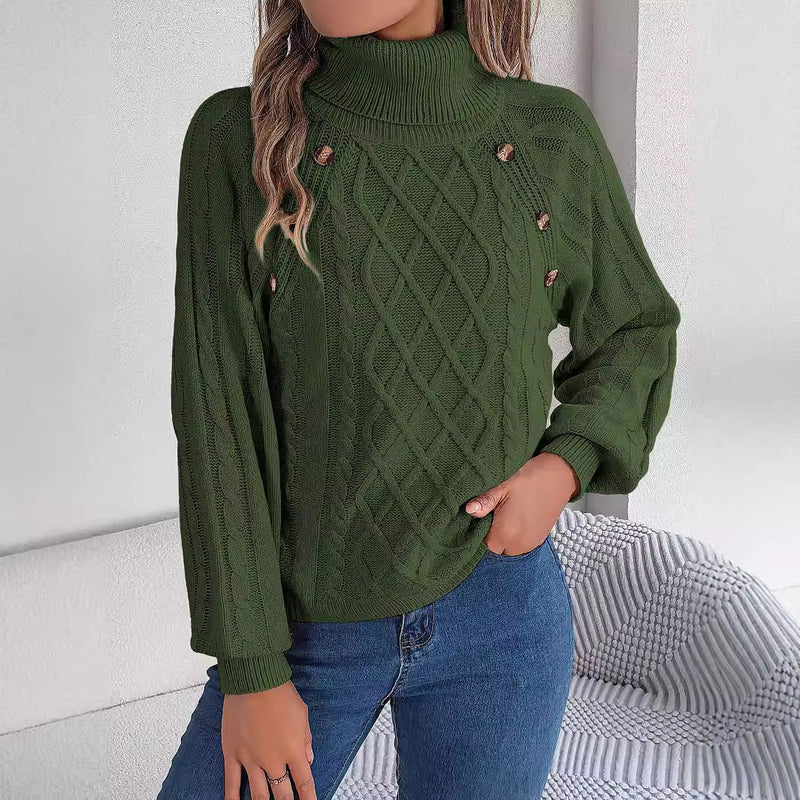 Pull à Col Montant en Tricot à Câble avec Manches Bouffantes