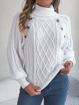 Pull à Col Montant en Tricot à Câble avec Manches Bouffantes