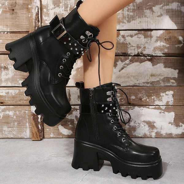 Bottes en Cuir à Talon Moyen avec Plateforme